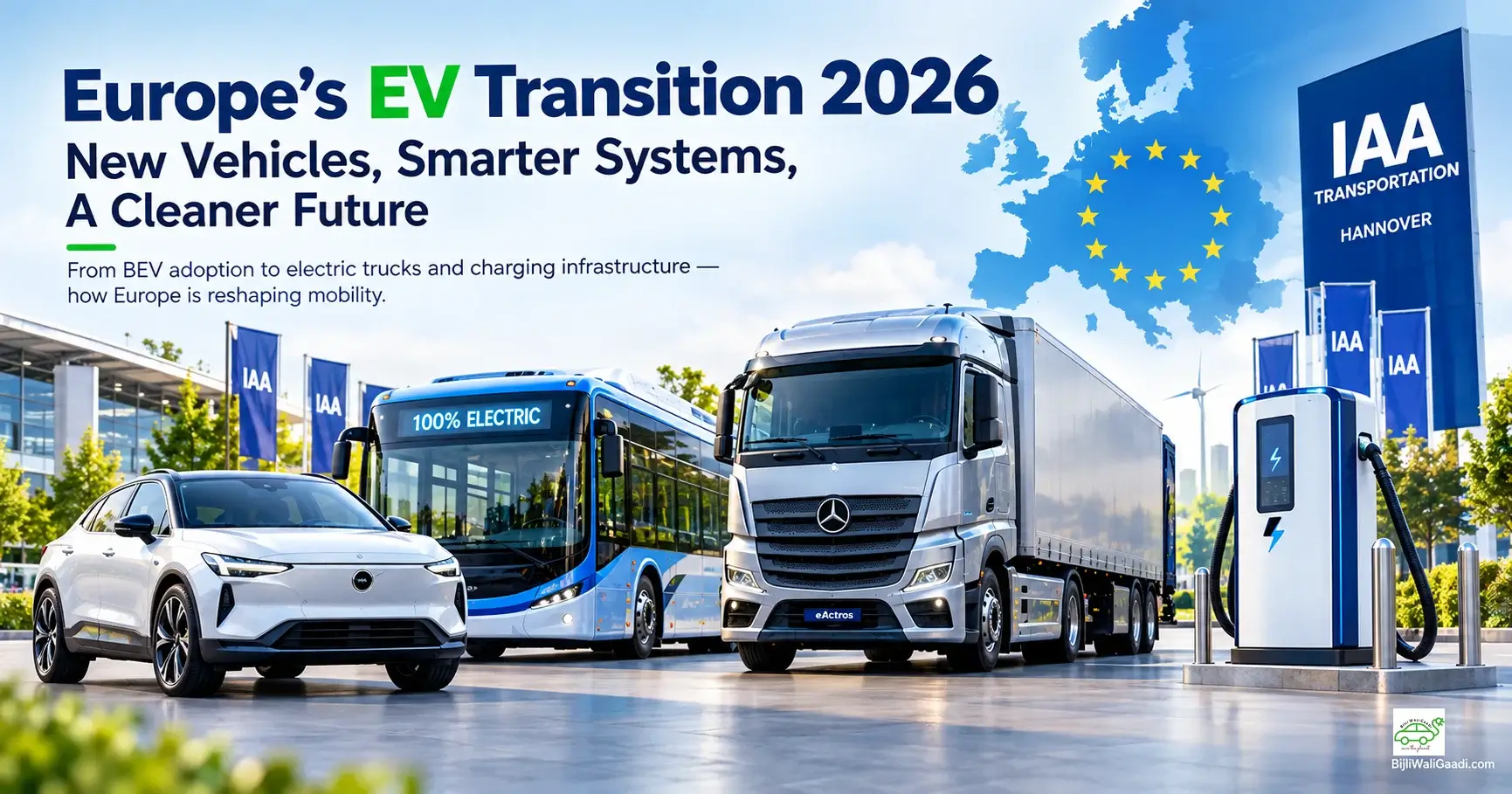 Infographic depicting Europe's 2026 EV transition featuring a Volvo electric car, a 100% electric transit bus, a Mercedes-Benz eActros heavy truck, and a high-power EV charging station at the IAA Transportation expo in Hannover.