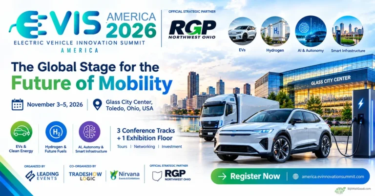 Official event banner for EVIS America 2026 showing electric vehicles, hydrogen technology, Glass City Center venue in Toledo, Ohio, and conference details.