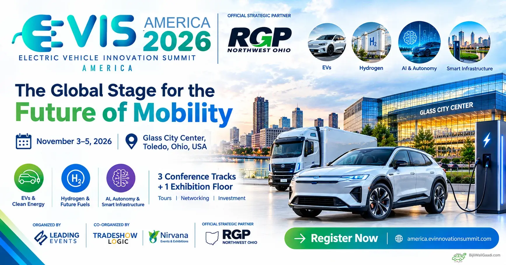 Official event banner for EVIS America 2026 showing electric vehicles, hydrogen technology, Glass City Center venue in Toledo, Ohio, and conference details.