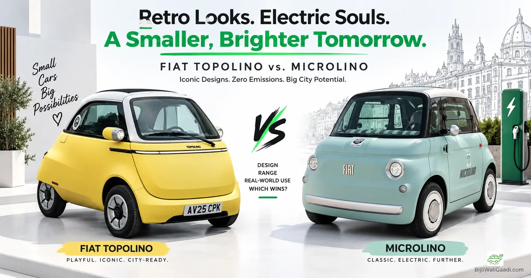 Fiat Topolino vs Microlino. An infographic header titled "Retro Looks. Electric Souls." comparing a bright yellow yellow electric microcar on the left labeled Fiat Topolino and a mint green electric microcar on the right labeled Microlino, set against a white studio background with line art of European architecture and an EV charger.