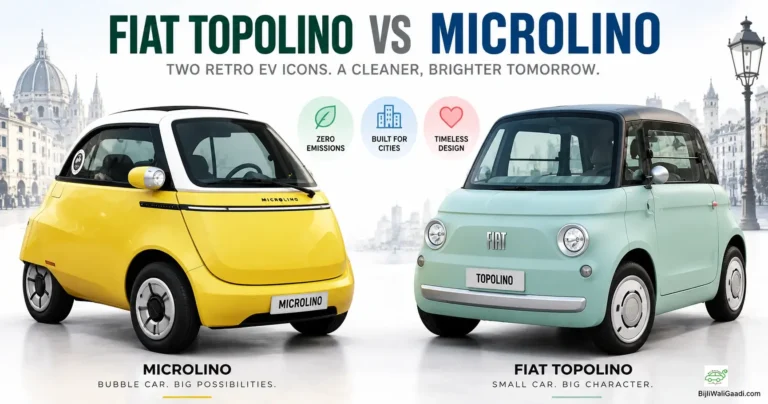 A visual comparison banner featuring a yellow Microlino electric microcar on the left and a light mint green Fiat Topolino on the right against a European city background, with text highlighting zero emissions, city design, and timeless style.
