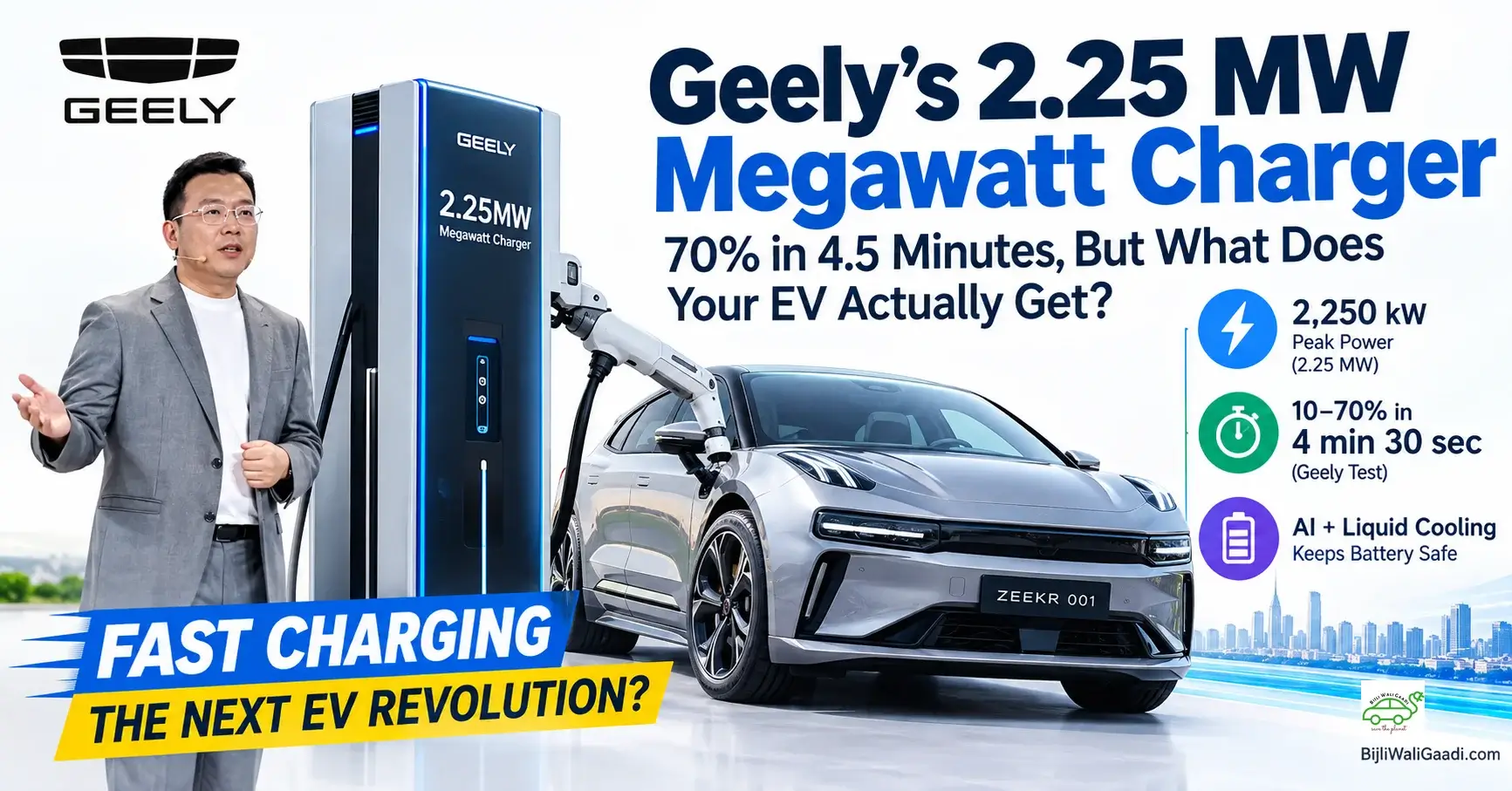 Geely 2.25 MW megawatt charger showing 10–70% EV charging in 4 minutes 30 seconds