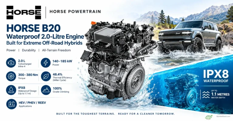 Infographic of the HORSE B20 2.0L turbocharged engine splashing through water next to an off-road SUV, highlighting IPX8 waterproofing and 140–185 kW power specs.