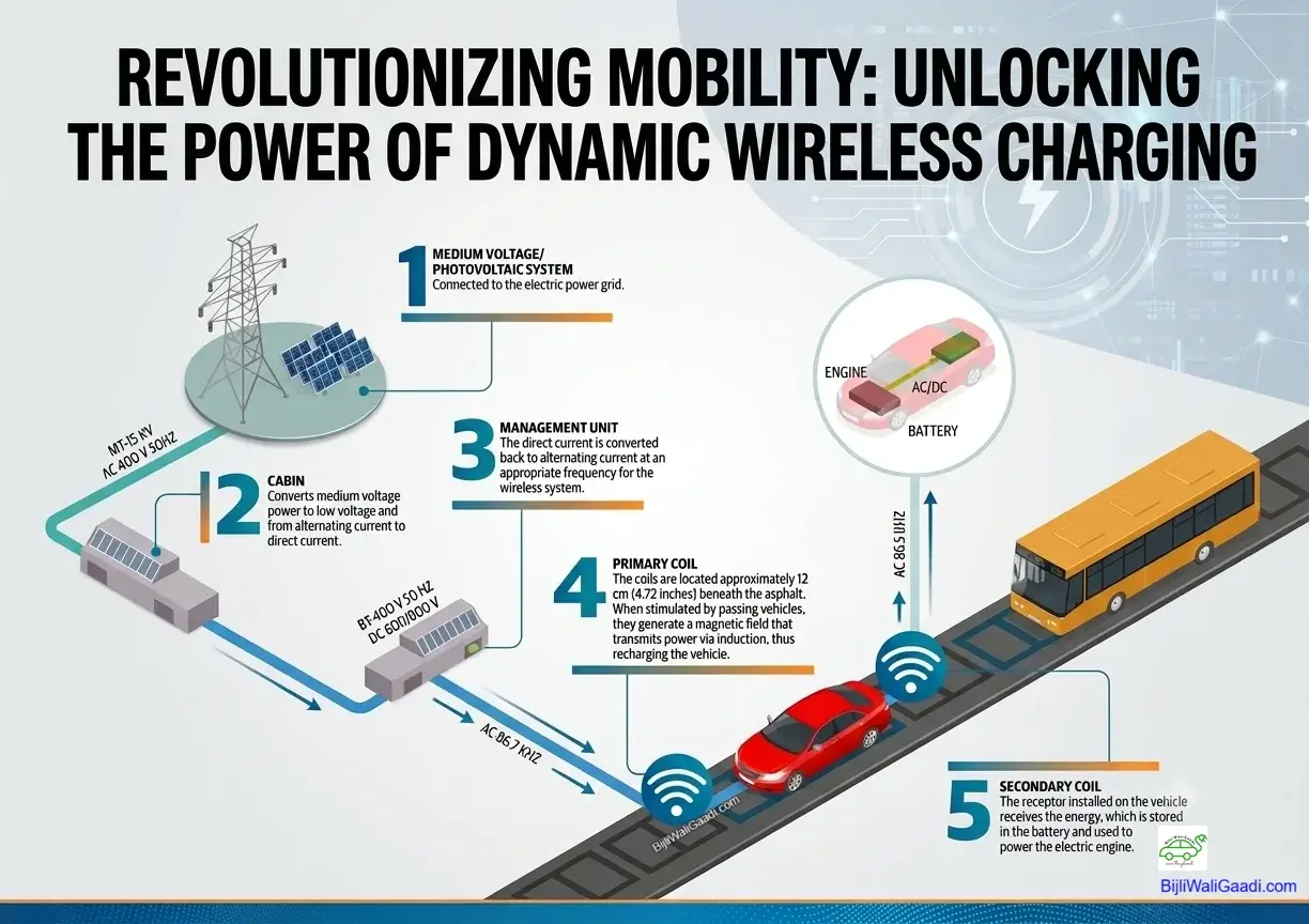 Diagram showing the 5-step process of dynamic wireless power transfer for electric vehicles on an electrified road.