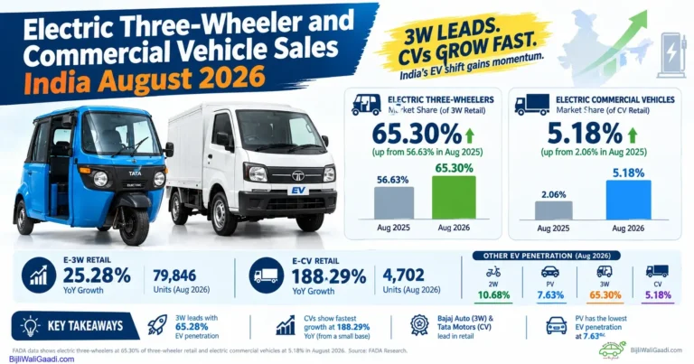 Infographic showing India electric three-wheeler and commercial vehicle sales data for August 2026, featuring electric auto rickshaws, mini delivery trucks, market share growth charts, and key industry takeaways.
