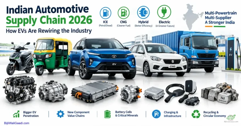 Infographic analyzing the Indian Automotive Supply Chain 2026, featuring commercial and passenger vehicles alongside key EV components like battery packs, electric motors, power electronics, and neodymium rare-earth minerals.