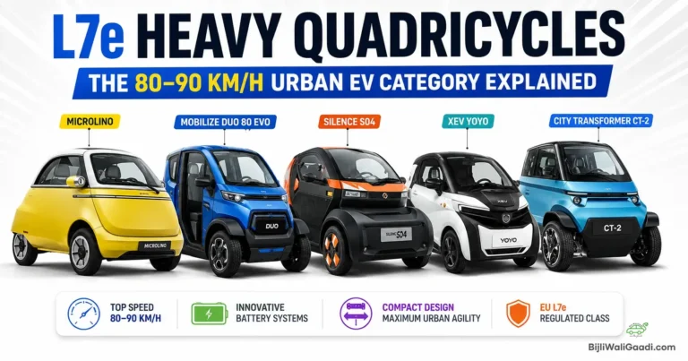 Comparison graphic showing five L7e heavy quadricycles with key features like top speed, battery innovation, and compact urban design.