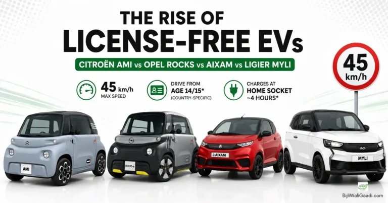 Infographic banner showcasing four L6e license-free micro electric cars side-by-side: grey Citroën Ami, grey Opel Rocks Electric, red Aixam City Sport, and white Ligier Myli, with key specs including 45 km/h max speed.