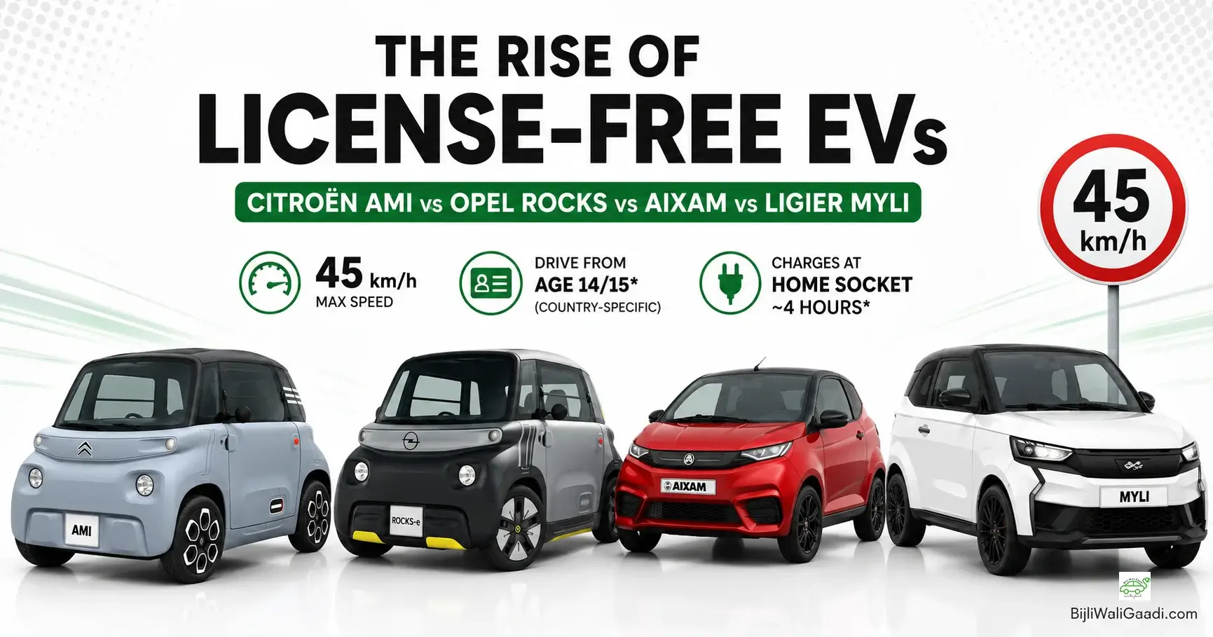 Infographic banner showcasing four L6e license-free micro electric cars side-by-side: grey Citroën Ami, grey Opel Rocks Electric, red Aixam City Sport, and white Ligier Myli, with key specs including 45 km/h max speed.