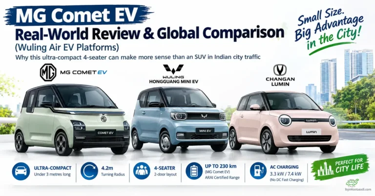 Infographic side-by-side visual comparing MG Comet EV, Wuling Hongguang Mini EV, and Changan Lumin with key specs like 4.2m turning radius, 230 km range, and AC charging setup.