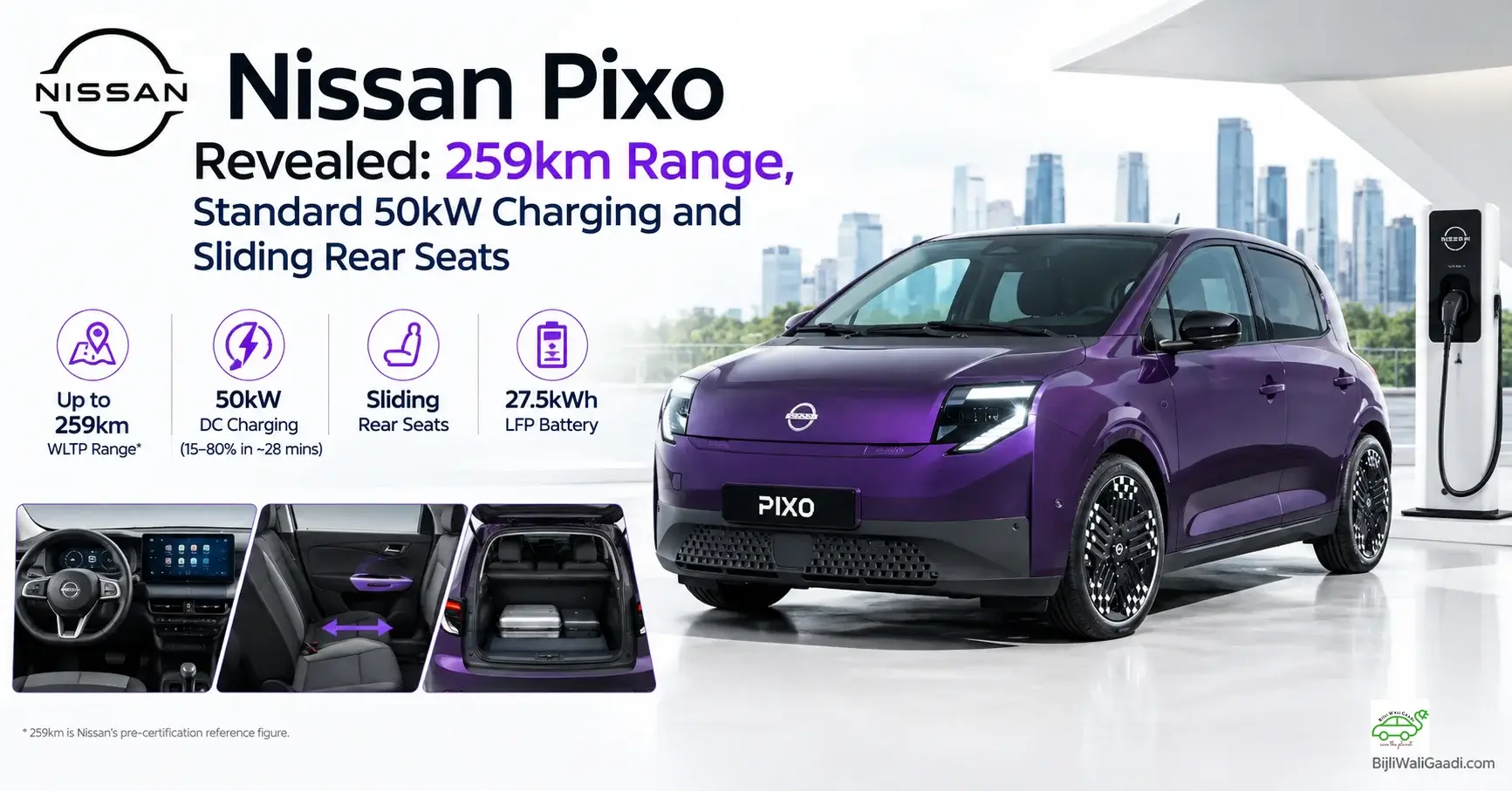 Nissan Pixo electric city car with 259km range, 50kW DC charging and sliding rear seats
