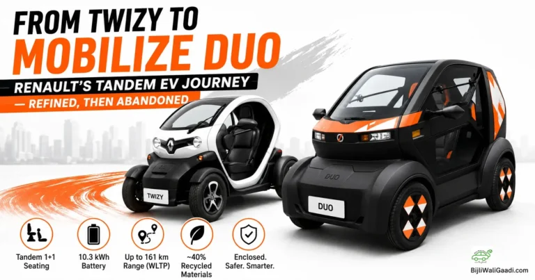 Infographic comparing the white open-air Renault Twizy and the black and orange enclosed Mobilize Duo micro-EVs, highlighting key features like Tandem 1+1 seating, 10.3 kWh battery, and up to 161 km WLTP range.