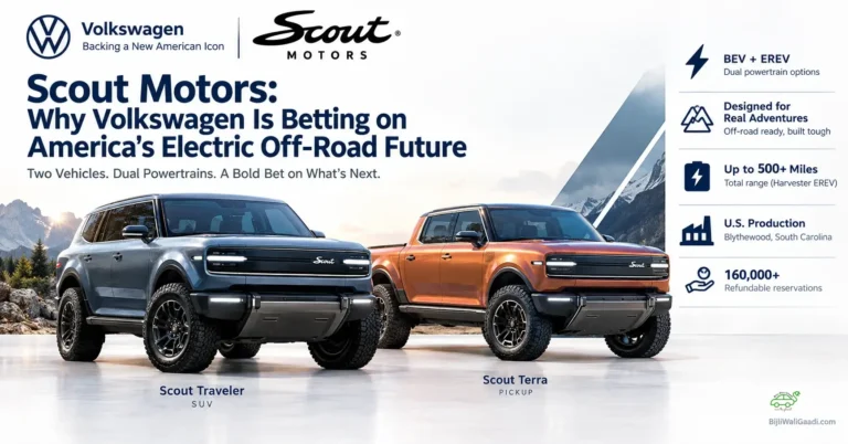 Side-by-side view of the blue Scout Traveler SUV and orange Scout Terra pickup truck parked in front of mountain scenery with key vehicle specs highlighted.