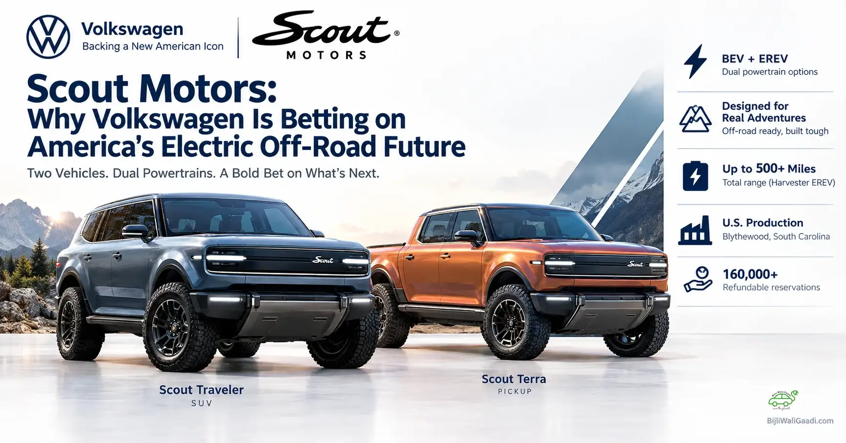 Side-by-side view of the blue Scout Traveler SUV and orange Scout Terra pickup truck parked in front of mountain scenery with key vehicle specs highlighted.