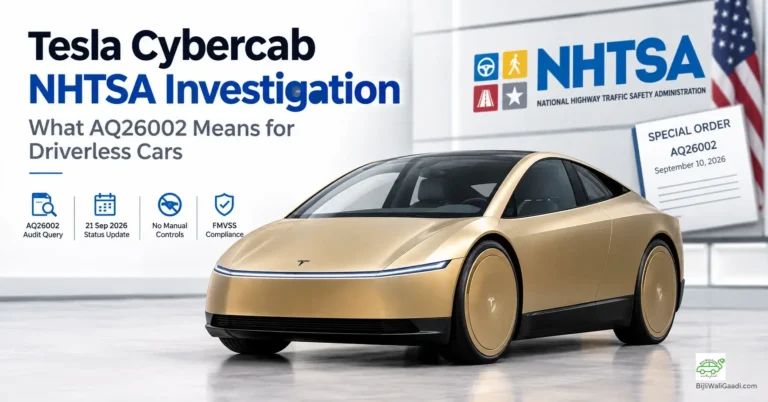 Infographic analyzing the NHTSA investigation into Tesla Cybercab, showing the gold autonomous robotaxi next to official probe details, Special Order AQ26002 document, and compliance metrics.