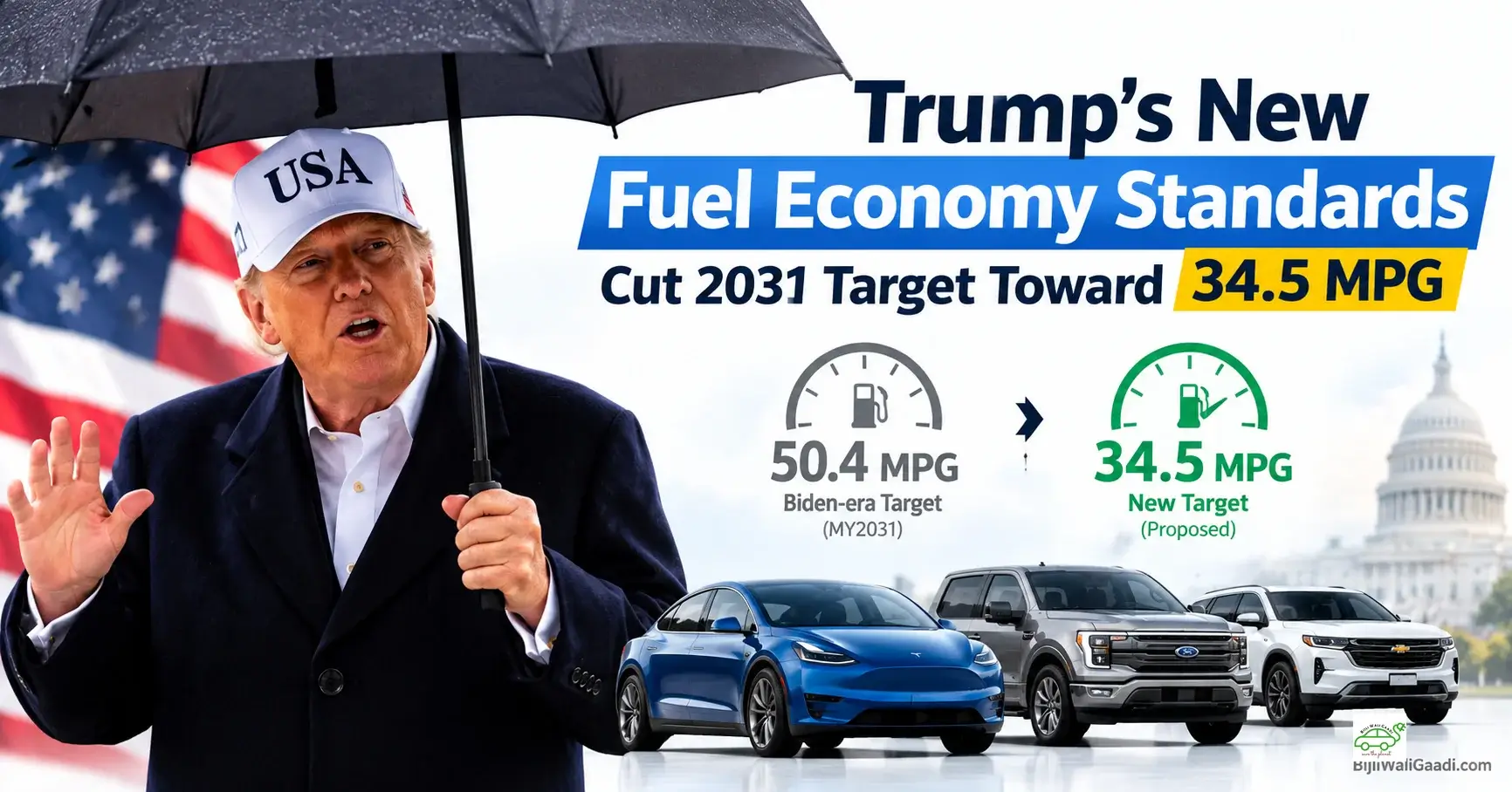 Trump and U.S. Capitol with NHTSA CAFE standards graphic showing the proposed 34.5 mpg 2031 target versus the Biden-era 50.4 mpg target