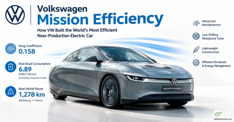Infographic displaying Volkswagen Mission Efficiency electric concept car with drag coefficient of 0.158, 6.89 kWh/100 km consumption, and 1,278 km real-world route test from Wolfsburg to Vienna.