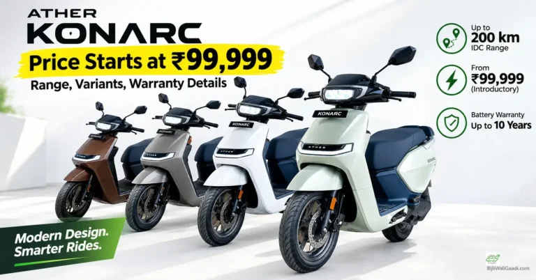 Ather Konarc electric scooter in multiple colours, highlighting its ₹99,999 starting price, 200 km claimed IDC range and battery warranty options.