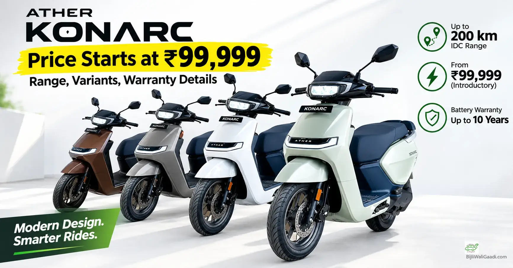 Ather Konarc electric scooter in multiple colours, highlighting its ₹99,999 starting price, 200 km claimed IDC range and battery warranty options.