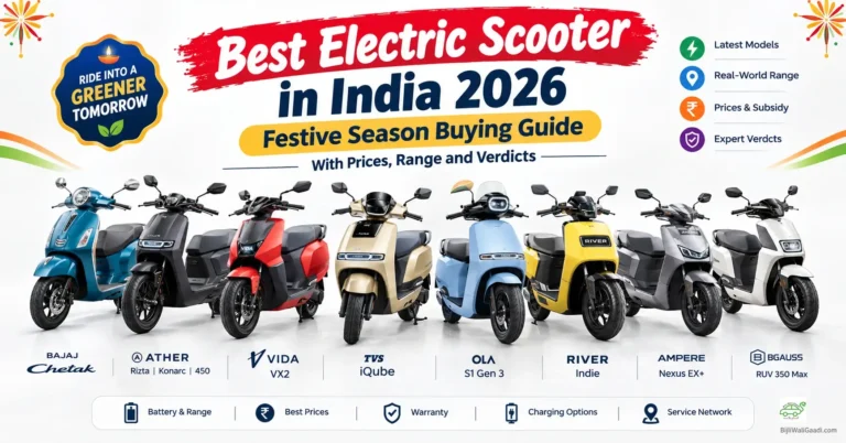 Best electric scooters in India 2026, including Bajaj Chetak, Ather Rizta, Hero Vida VX2, TVS iQube, Ola S1, River Indie, Ampere Nexus EX+ and BGauss RUV 350 Max.
