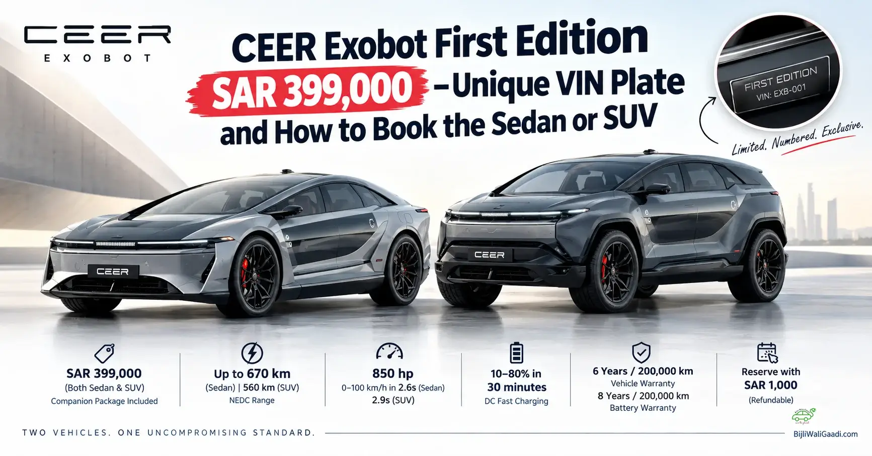 CEER Exobot First Edition electric Sedan and SUV with SAR 399,000 price, unique VIN plate and booking details.