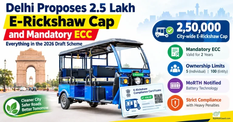 Delhi's proposed 2.5 lakh e-rickshaw cap and mandatory ECC under the 2026 draft scheme, with a blue e-rickshaw near India Gate.