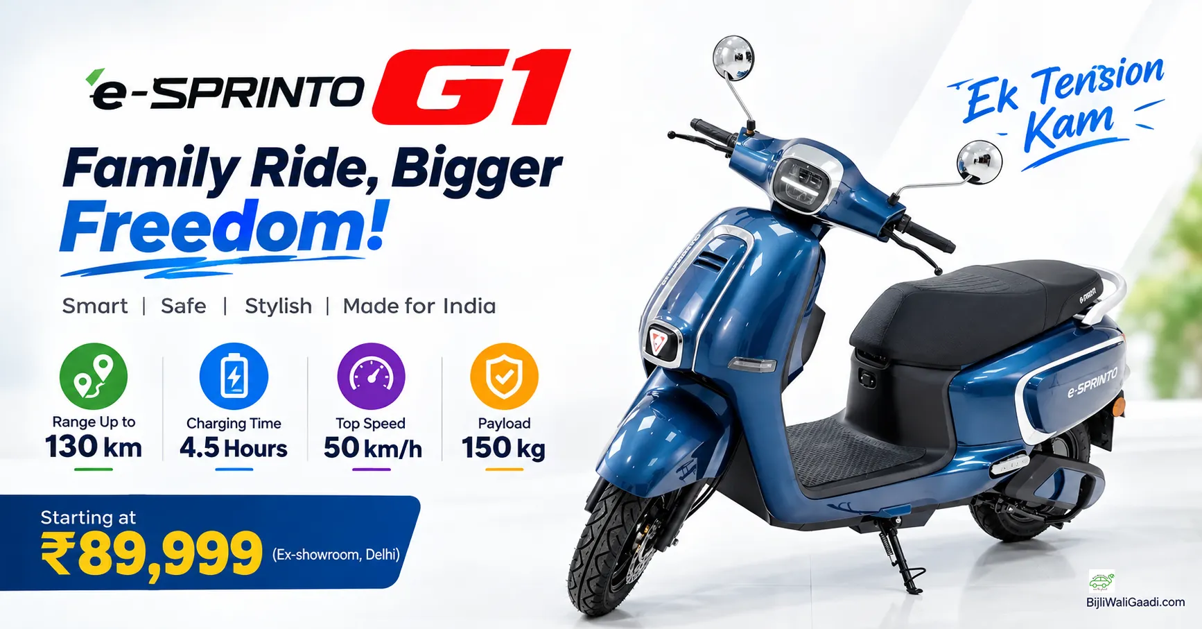 e-SPRINTO G1 blue electric scooter with a starting price of ₹89,999 and claimed range of up to 130 km in India.
