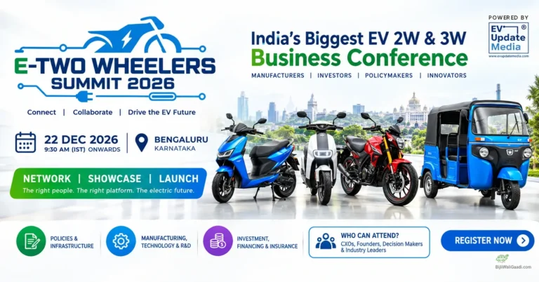 E-Two Wheelers Summit 2026 Bangalore featuring electric scooters, motorcycles and an electric three-wheeler at India's EV 2W and 3W industry business conference.