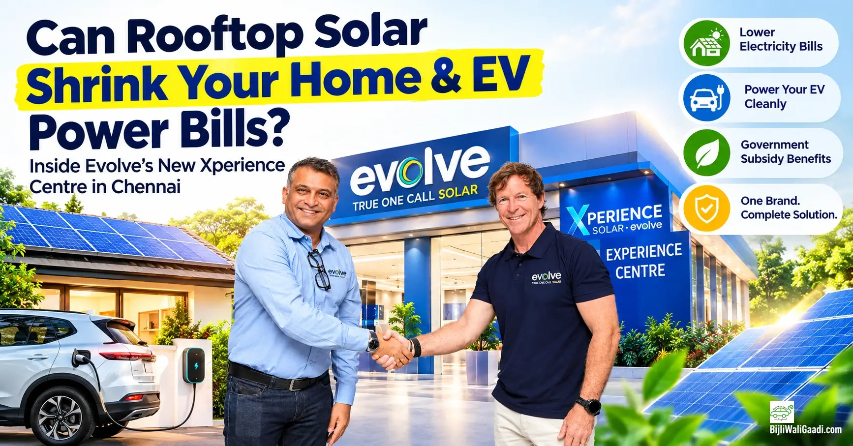 Jonty Rhodes and Evolve Energy Group founder Rajesh V. Shah at the Evolve Solar Xperience Centre launch in Chennai, highlighting rooftop solar and electric vehicle charging savings.