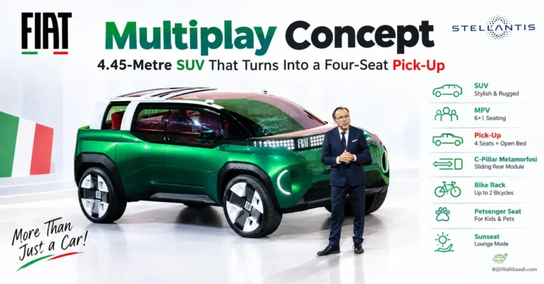 Fiat Multiplay concept car unveiled at the 2026 Paris Motor Show, featuring a green SUV design and a modular architecture that transforms into a four-seat pick-up.