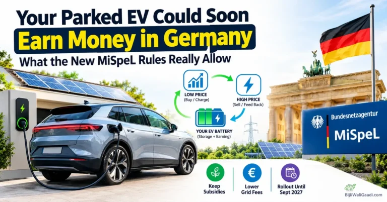 Parked electric car with bidirectional charging under Germany’s new MiSpeL rules that could enable EV owners to earn from grid electricity