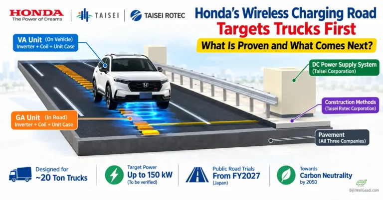 Honda wireless charging road concept showing an electric SUV receiving power from road-embedded wireless charging units, with a DC power supply system designed for electric trucks.