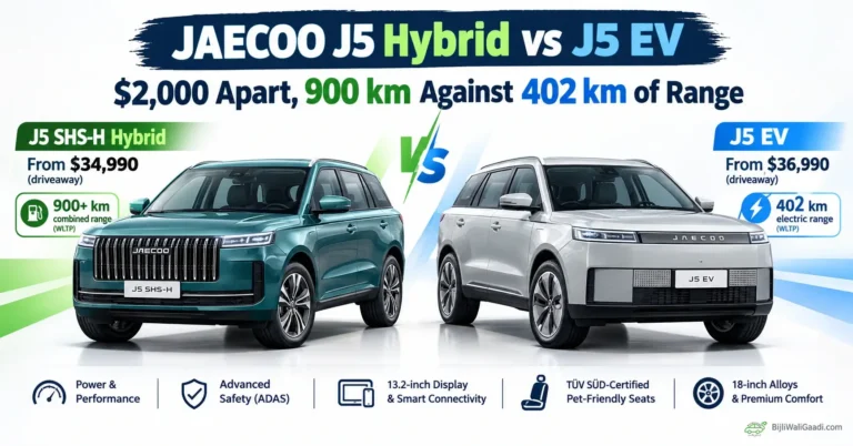 JAECOO J5 Hybrid in teal and JAECOO J5 EV in silver compared side by side, highlighting their $2,000 price difference and claimed 900 km versus 402 km range.