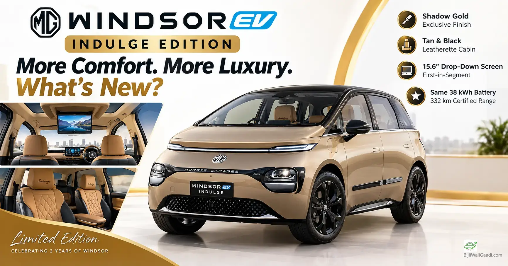 MG Windsor EV Indulge Edition in Shadow Gold with black alloy wheels, premium tan-and-black interior and 15.6-inch rear entertainment screen.