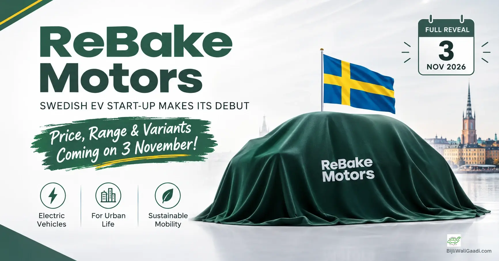ReBake Motors Swedish electric vehicle start-up debut with a covered vehicle silhouette and 3 November 2026 reveal date for price, range and variants.
