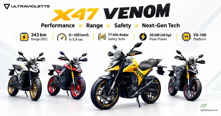 Ultraviolette X47 Venom electric motorcycle featuring a yellow-and-black design, 343 km claimed IDC range and 77 GHz radar safety technology.