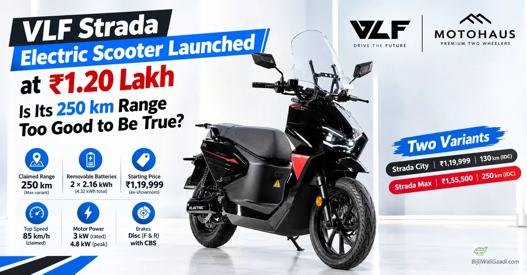 VLF Strada black electric scooter with windscreen, 250 km claimed range, removable LFP batteries and City and Max variant prices in India.