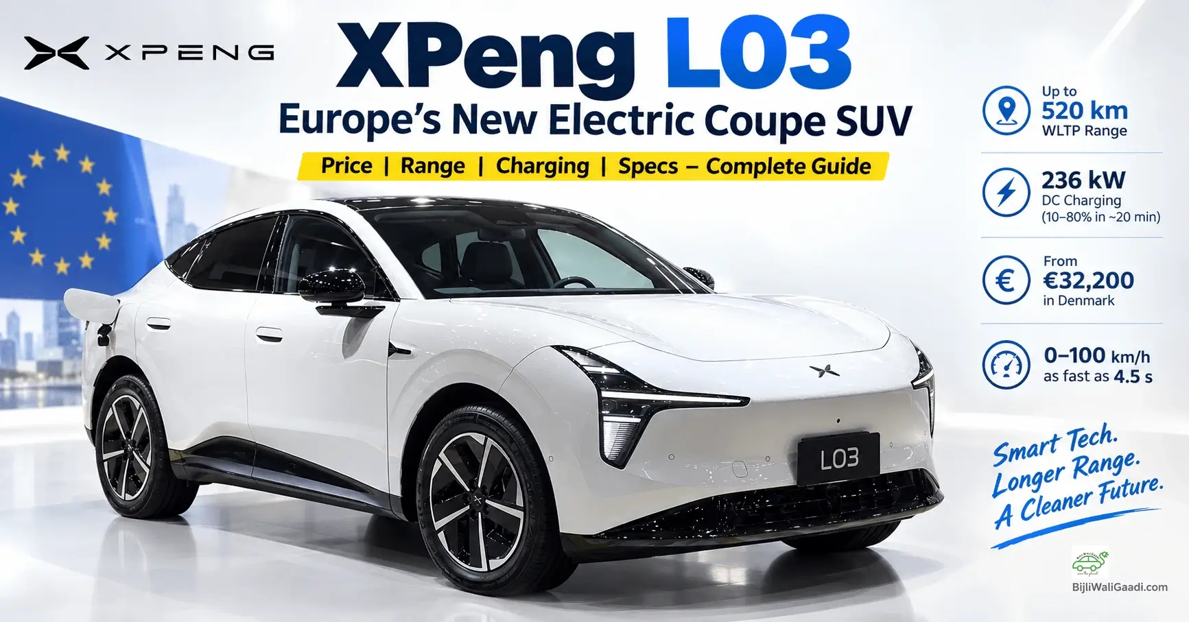 White XPeng L03 electric coupe SUV displayed at an auto show, featuring a sleek front design, black roof and aerodynamic alloy wheels.